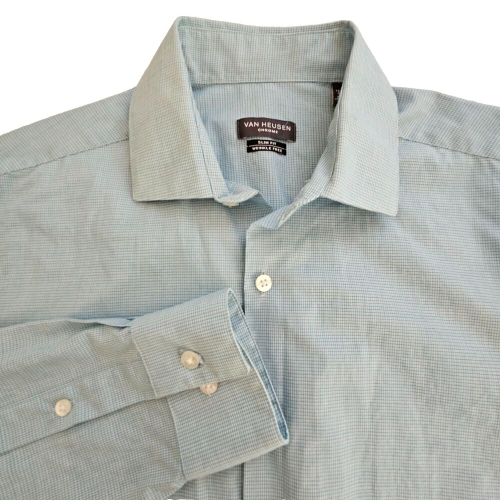 Van Heusen Chrome Shirt Mens 15-15.5 32/33 Aqua Micro Check Slim Fit Button-Up